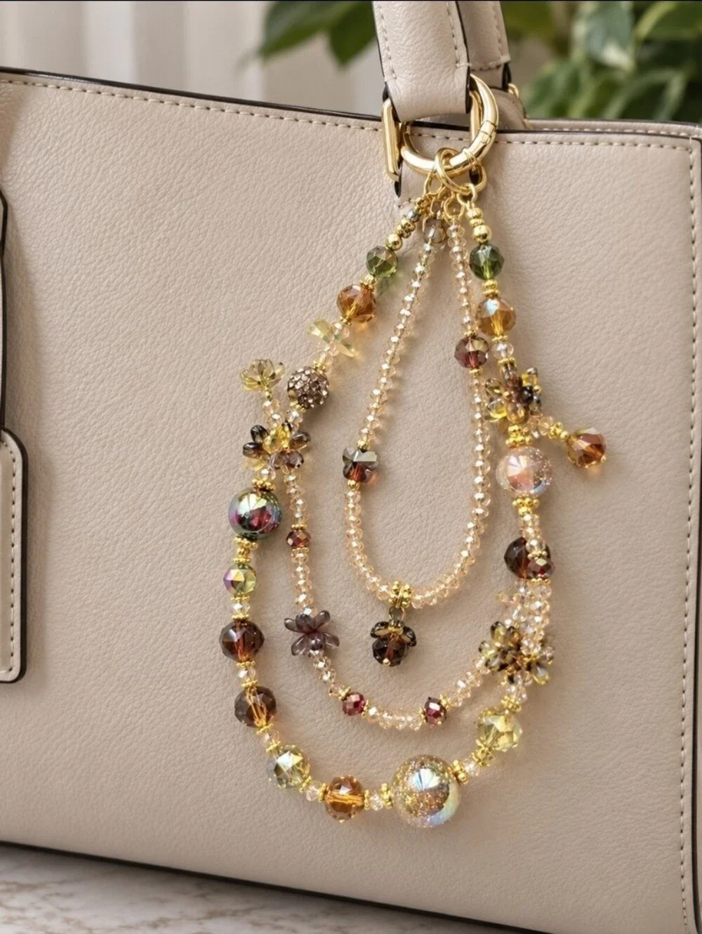 Trendy Phone or Bag Charm Earthy Gold-Tone Iridescent & Amber Multi-Strand